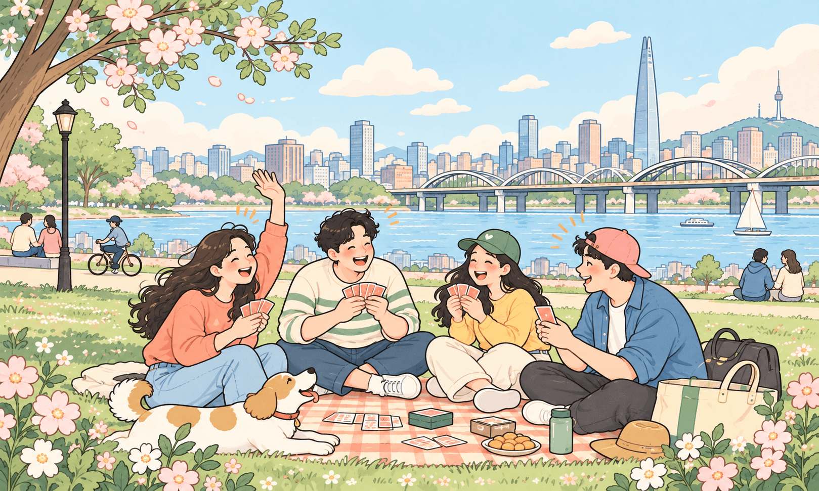 朋友们在城市河畔公园玩卡牌游戏
